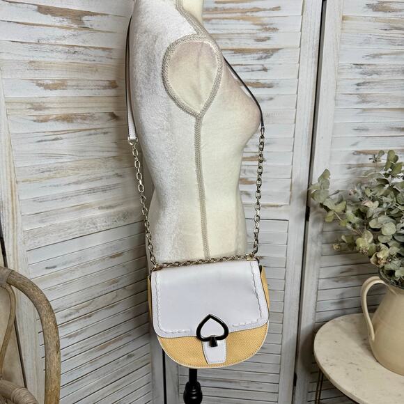 KATE SPADE Robyn Medium Chain Saddle Bag White Dove Leather Straw Nightcap - Picture 4 of 13